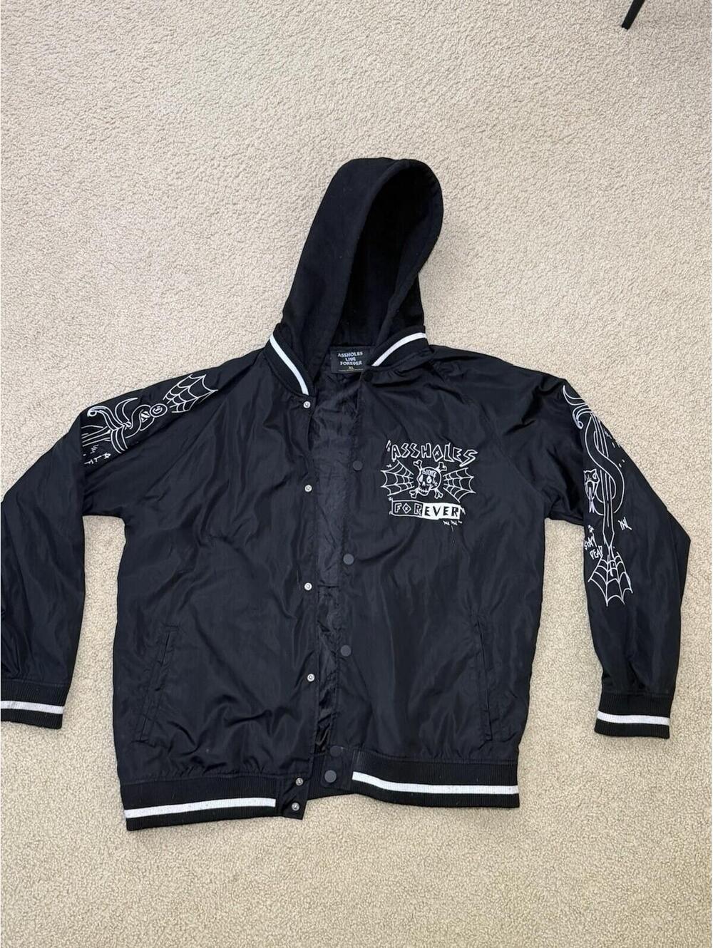 As*holes Live Forever Black Hooded Bomber Jacket XL Skull Web